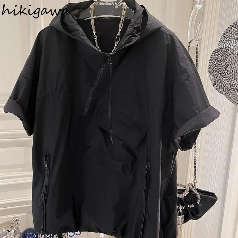 Summer Hoodies Women's Clothing Short Sleeve Hooded Half Zipper Y2k Tops Streetwear Casual Fashion Korean Sweatshirt Ropa Mujer