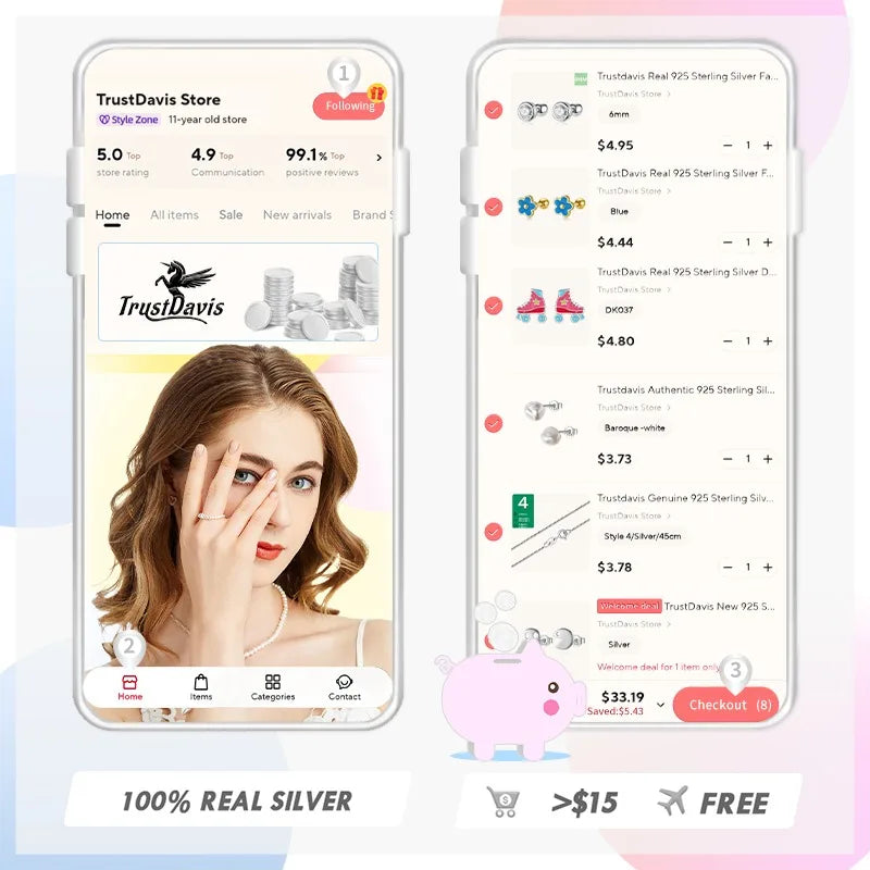 TrustDavis Real 925 Sterling Silver Earrings Cute Pink Heart Charm Shiny CZ Stud Earrings for Women Kids Teen Jewelry DS3731