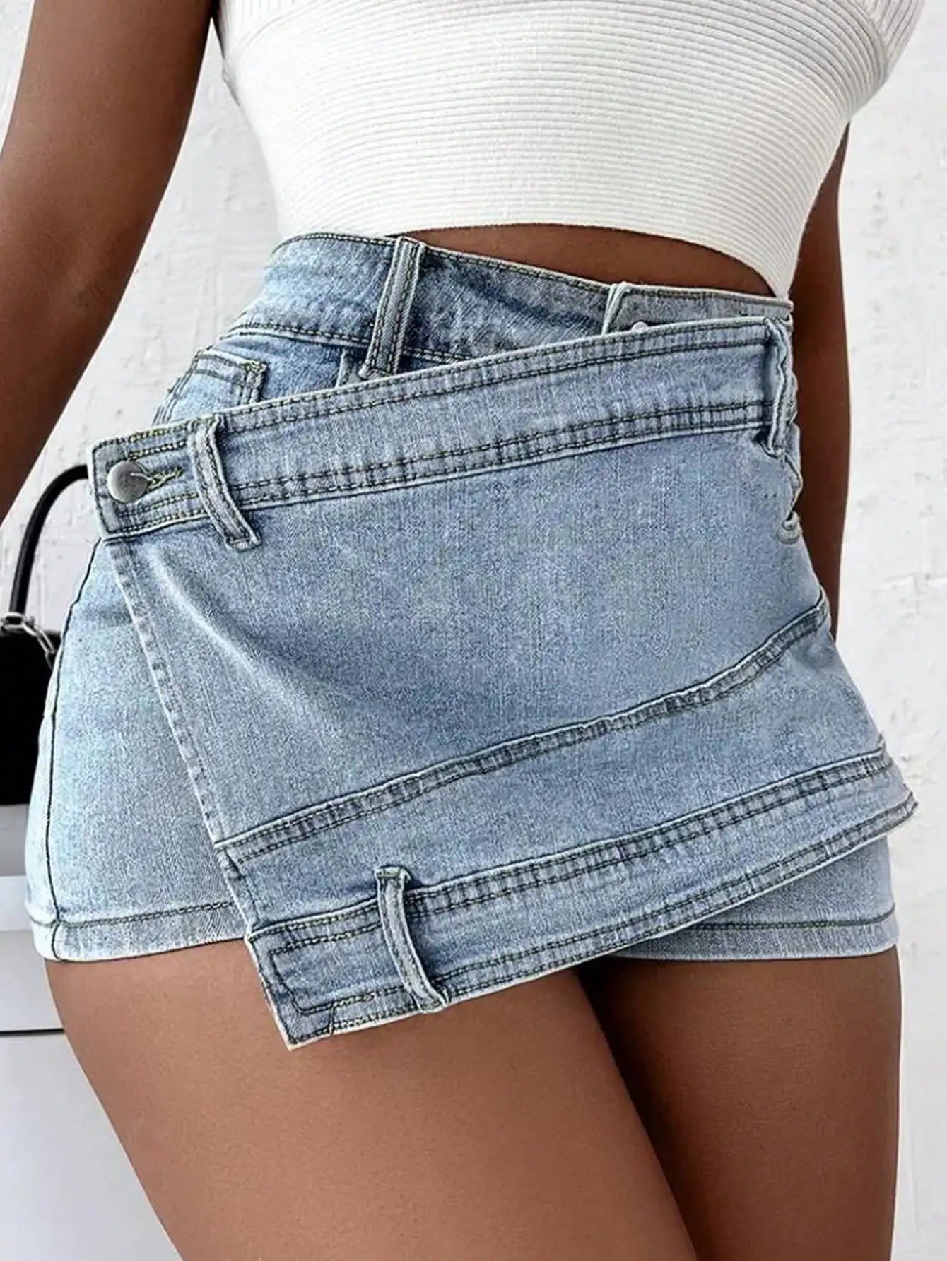 2023 Women Fashion Denim Mini Skort Rave Street Wrap Stretch Irregular A-Line Skinny Cargo Jean Shorts Mujer blue