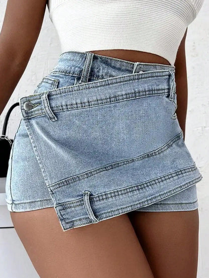 2023 Women Fashion Denim Mini Skort Rave Street Wrap Stretch Irregular A-Line Skinny Cargo Jean Shorts Mujer blue