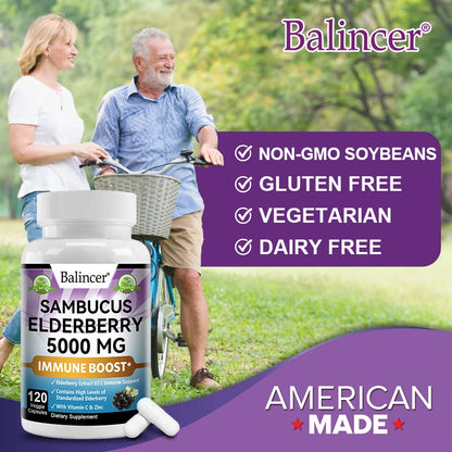 Elderberry - 5000 mg Per Serving, Vitamin C & Zinc, ImmunoBooster for Immune Support, Skin Health, 120 Veggie Capsules