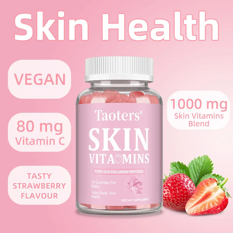 Skin Vitamin Gummies - Type I & III Collagen Peptides Vitamin A, C, E - Supports Skin Health,Anti Aging & Antioxidant