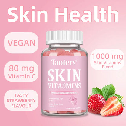 Skin Vitamin Gummies - Type I & III Collagen Peptides Vitamin A, C, E - Supports Skin Health,Anti Aging & Antioxidant