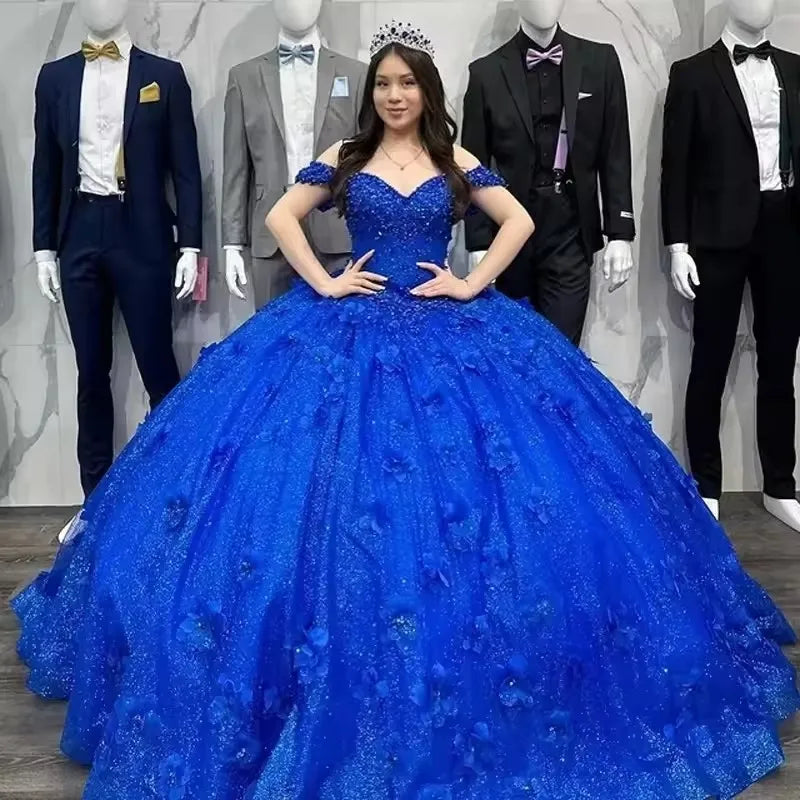 Bomaris Glittering Royal Blue Ball Gown Quinceanera Dresses Vestidos De 15 Anos Sexy Off-Shoulder Princess Party Customized Badiee Stylez