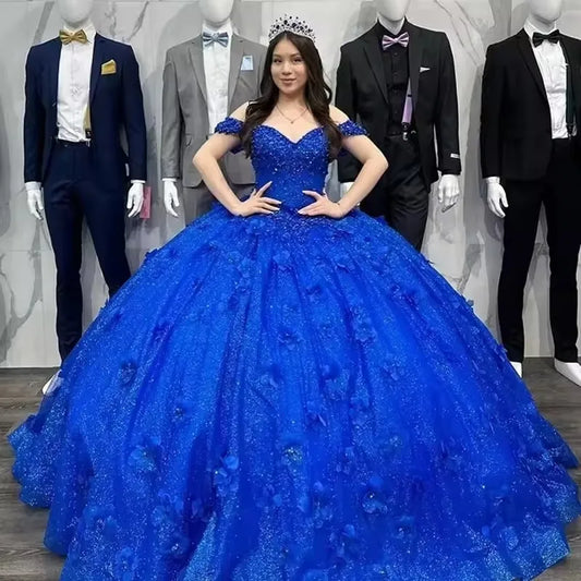 Bomaris Glittering Royal Blue Ball Gown Quinceanera Dresses Vestidos De 15 Anos Sexy Off-Shoulder Princess Party Customized Badiee Stylez