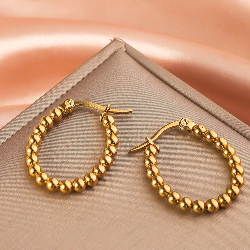 Stainless Steel Women's Hoop Earrings, Non Fading Fashionable Gold Color Metal Bead Earrings, Classic Jewelry Accessories