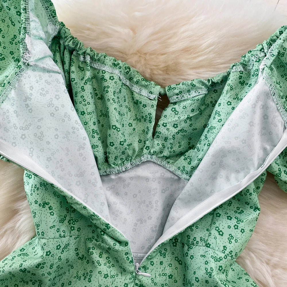 Summer Vintage Dress Blue Floral Summer Bubble Sleeve Tie Up Sexy Dresses Women A-line Print Split Long Dress Elegant Vestidos