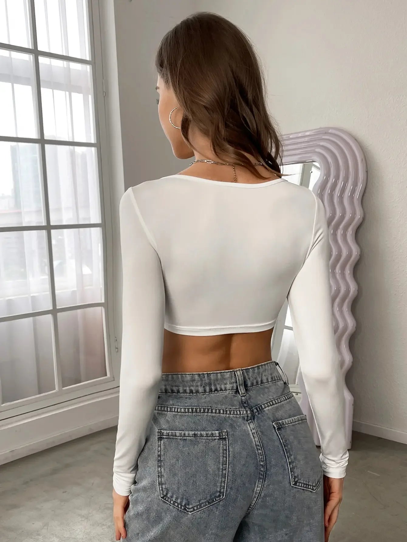 Hottie Sexy High Street Short Long Sleeve T-shirt Women's Knitted Road Belly Button Low Neck Tight Top