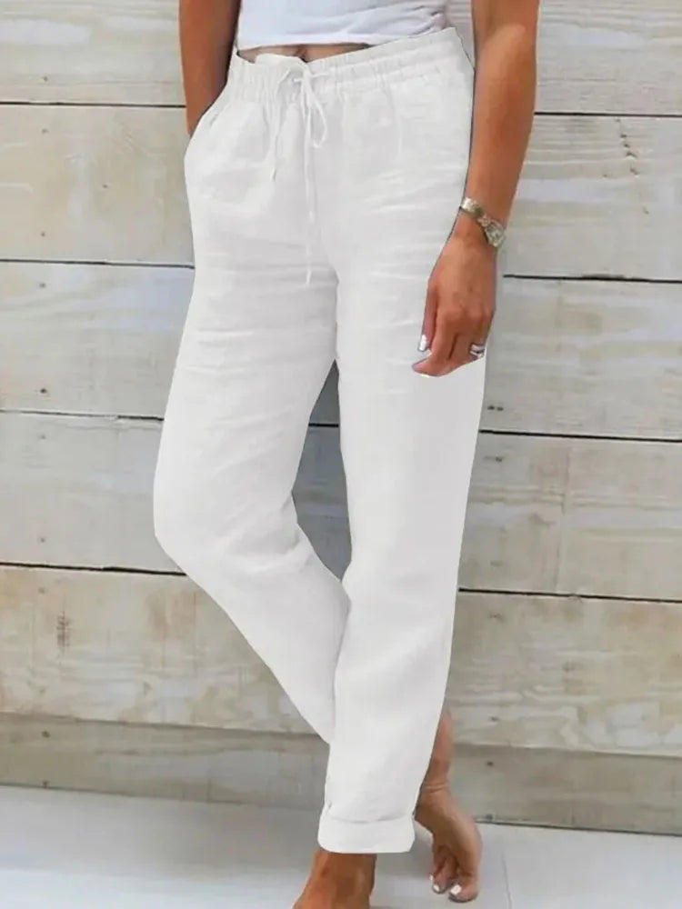 Plus Size XL-5XL Summer Cotton Linen Pants Women 2025 Elastic High Waist Casual Trousers Streetwear Solid Loose Pencil Pants WHITE