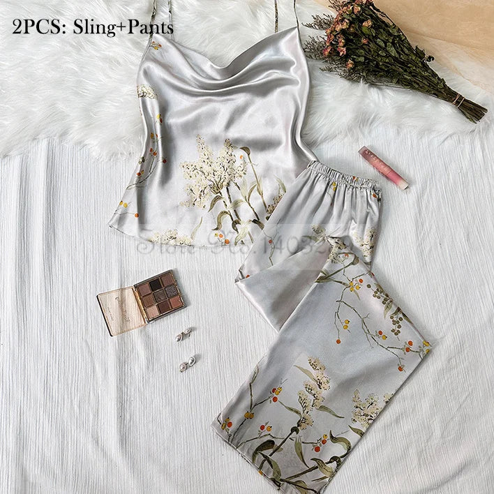 Four Pieces Pajamas Set Printed Little Cherry Sleepwear Women Satin Nightgown With Suspender Sling&Shorts Summer Home Clothes Gray Cherry E