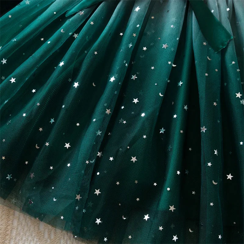 2025 Red Christmas Dress for Baby Girls Winter Long Sleeve Mesh Dresses for 3-8Yrs Kid Star Sequin Birthday Party Princess Dress