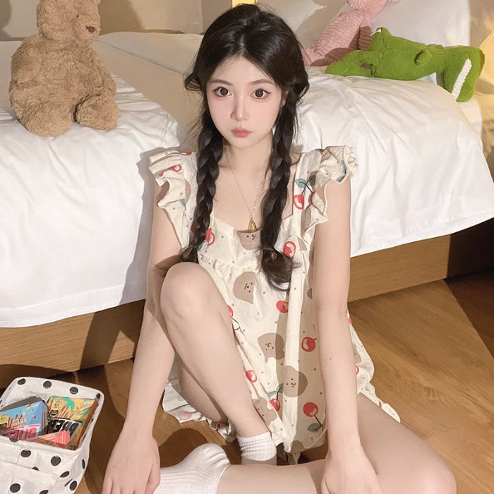 Summer Spwear Women's 2025 New Japanese Sle Fre Vest orts Woven Cotton Thin Home Clothes Set Sweet Print ort Pants Cherry bear