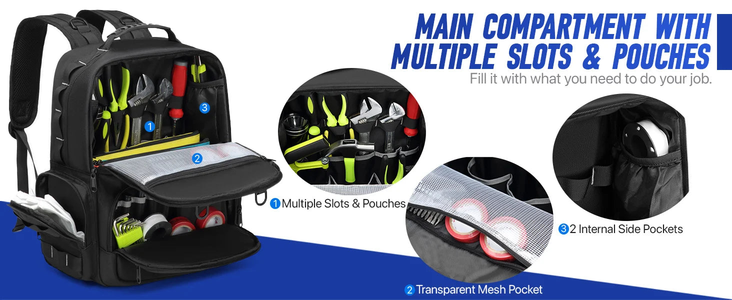 Tool Backpack Heavy Duty for Men Tool Storage With 3 Tool Pouches Organizer Electrician Plumber Maintenance Worker Tool Bags