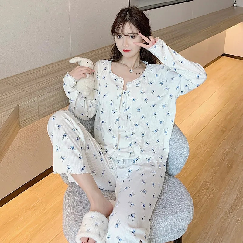 Three Piece Cotton Pajamas Women Long Sleeve Trousers Sexy Floral Student Loungewear Large Size Romantic Women Nightwear Sexy