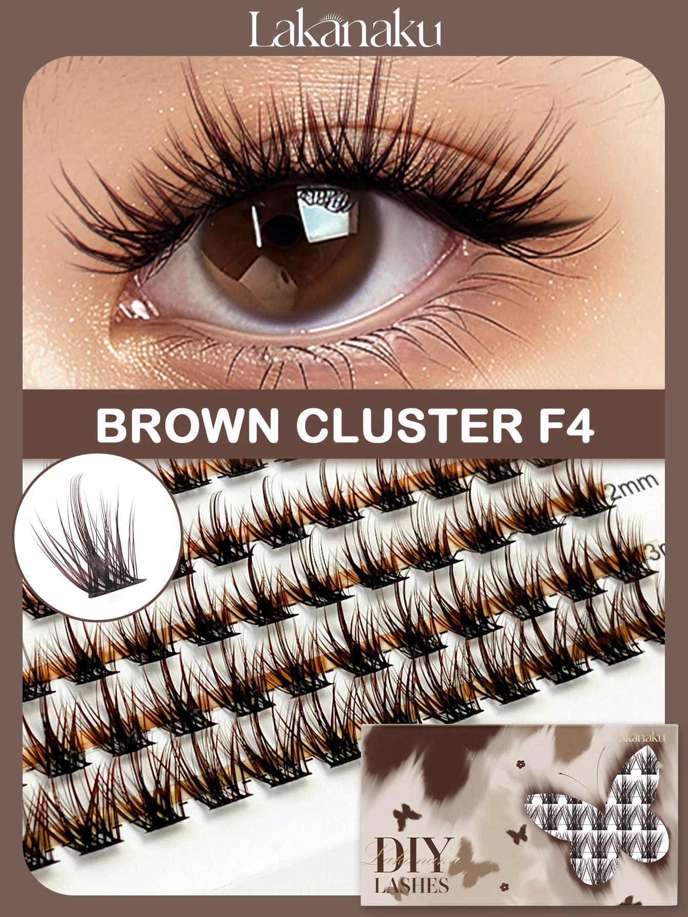LAKANAKU Brown Cluster DIY Lashes Natural Soft Cashmere Brown Eyelashes Extension DIY False Lashes Save Time For Beginner Makeup