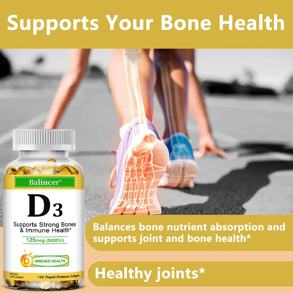 Balincer Vitamin D3 5000 IU (125 Mcg), Dietary Supplement for Bone, Teeth, Muscle and Immune Health Support, 30/60/120 Softgels