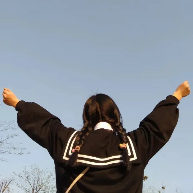 Deeptown Kawaii Zip Up Hoodies Black Japanese Preppy Style Sailor Collar Sweatshirts Sweet Lolita Coats Loose Cute Top Soft Girl