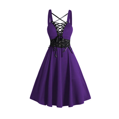 2025 Womens Gothic Dresses Sets Solid Color Open Front Crop Jacket and Lace Up Buckle Strap Crisscross Dress Outfit Concord dress