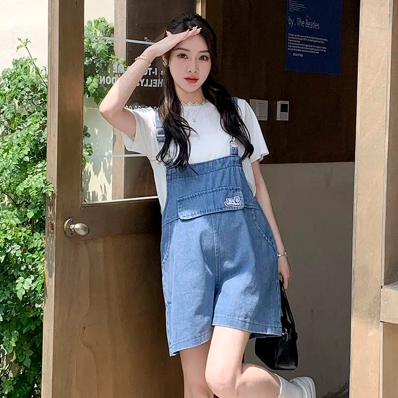 Denim Jumpsuit Rabbit Ears Cute Girl Chic Wide Legs High Waist Loose Korean Japan High Street Solid Jump Suits Women