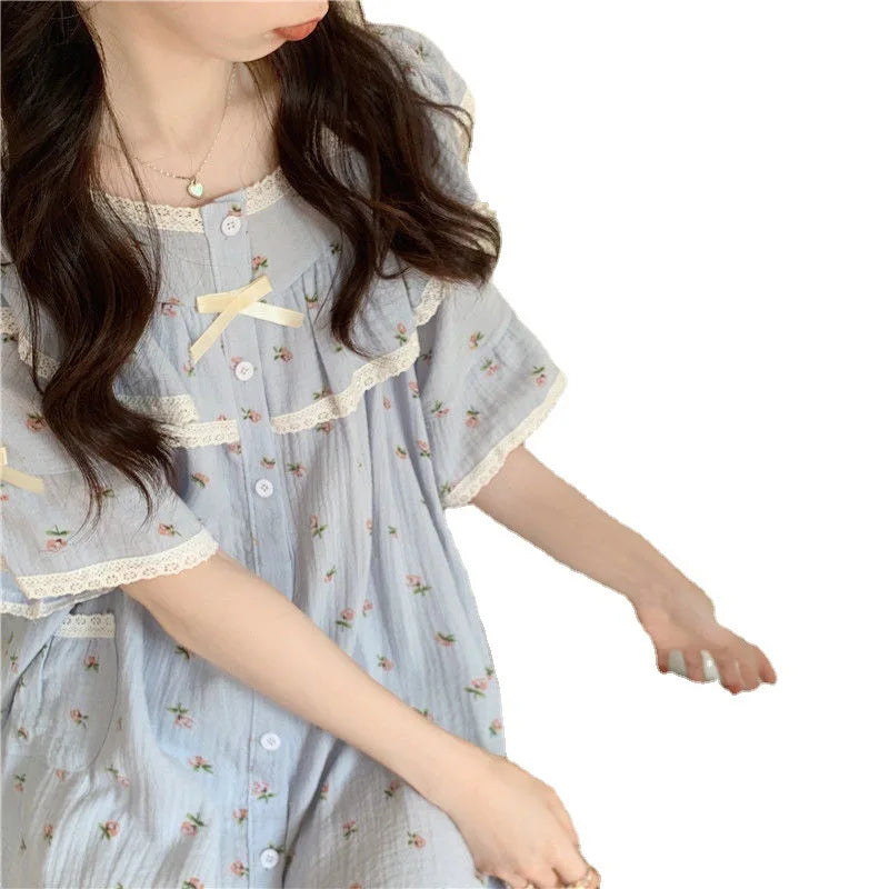 Summer New Women's Princess Style Sweet Pajamas Homewear Set Girls Lace Small Floral Summer Short-Sleeved Shorts Loose Pajamas