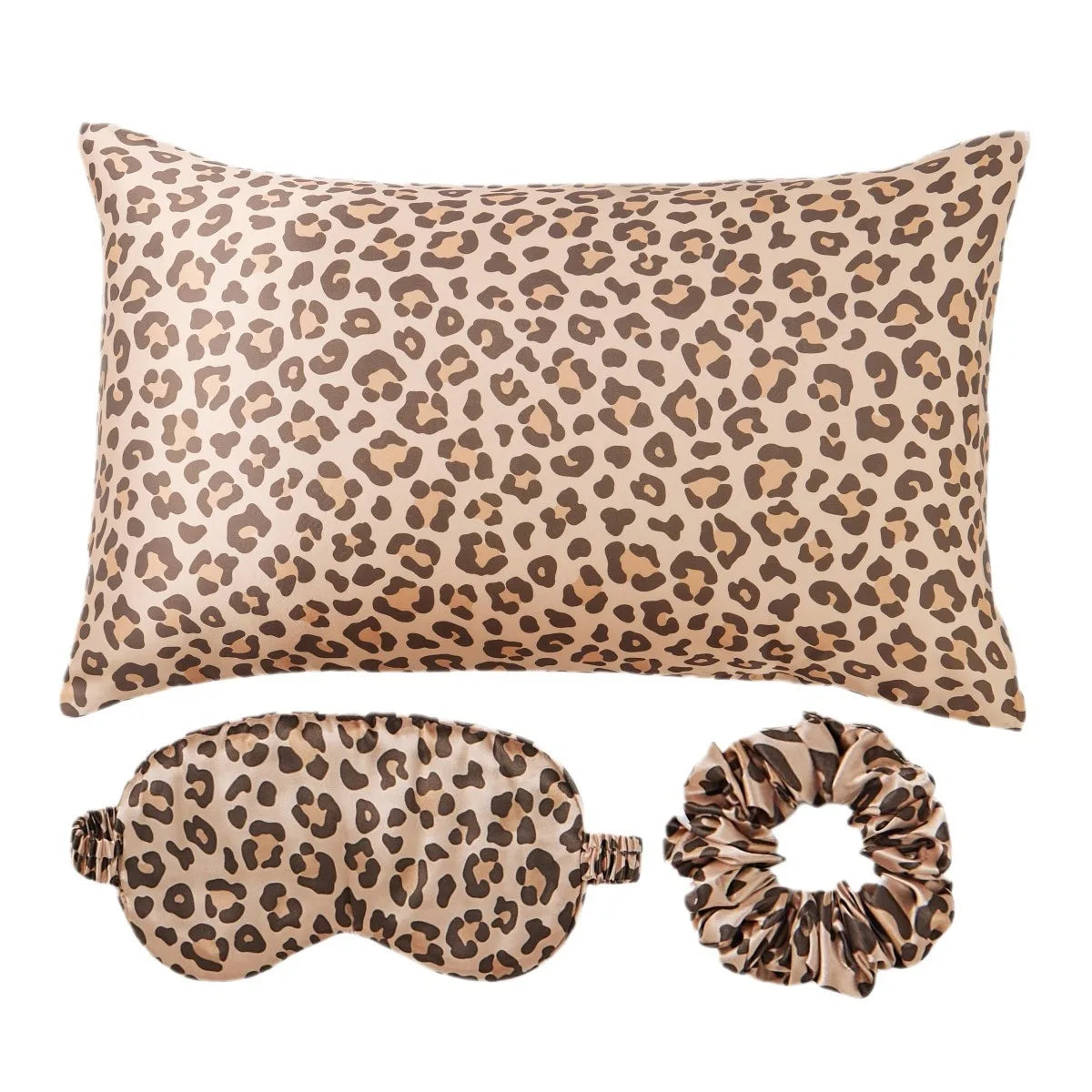 Leopard Print 4PCS Satin Sleep Set – 2 Pillowcases with Eye Mask and Hair Scrunchie for Nighttime Beauty Care and Travel Comfort Badiee Stylez