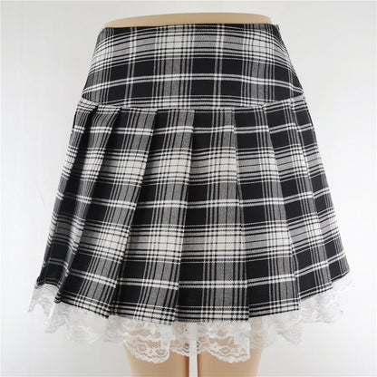 New Contrast Lace Plaid Pleated Skirt Vintage Sexy Skater Clothes Harajuku Gothic Punk England Style Y2k Skirt 9541-1HS
