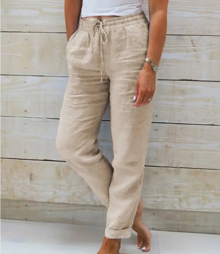 Plus Size XL-5XL Summer Cotton Linen Pants Women 2025 Elastic High Waist Casual Trousers Streetwear Solid Loose Pencil Pants
