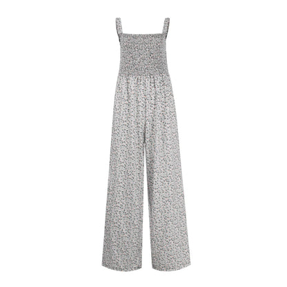 Women'S Suspender Jumpsuits Fashion Trend Pleated Shoulder Straps Printed Pocket Loose Wide Leg Jumpsuits Daily Casual All-Match