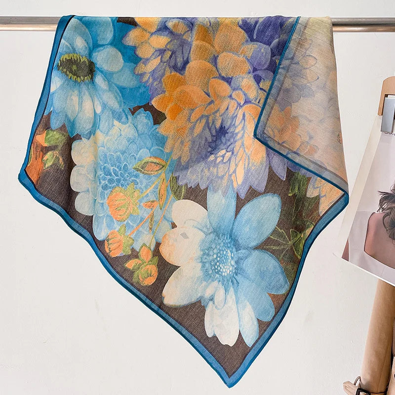 Fashion 70cm Cotton Square Scarf Women Floral Print Design Bandanas Lady Scarves Headband Accessories Handkerchief Hair QME153-01 65x65cm