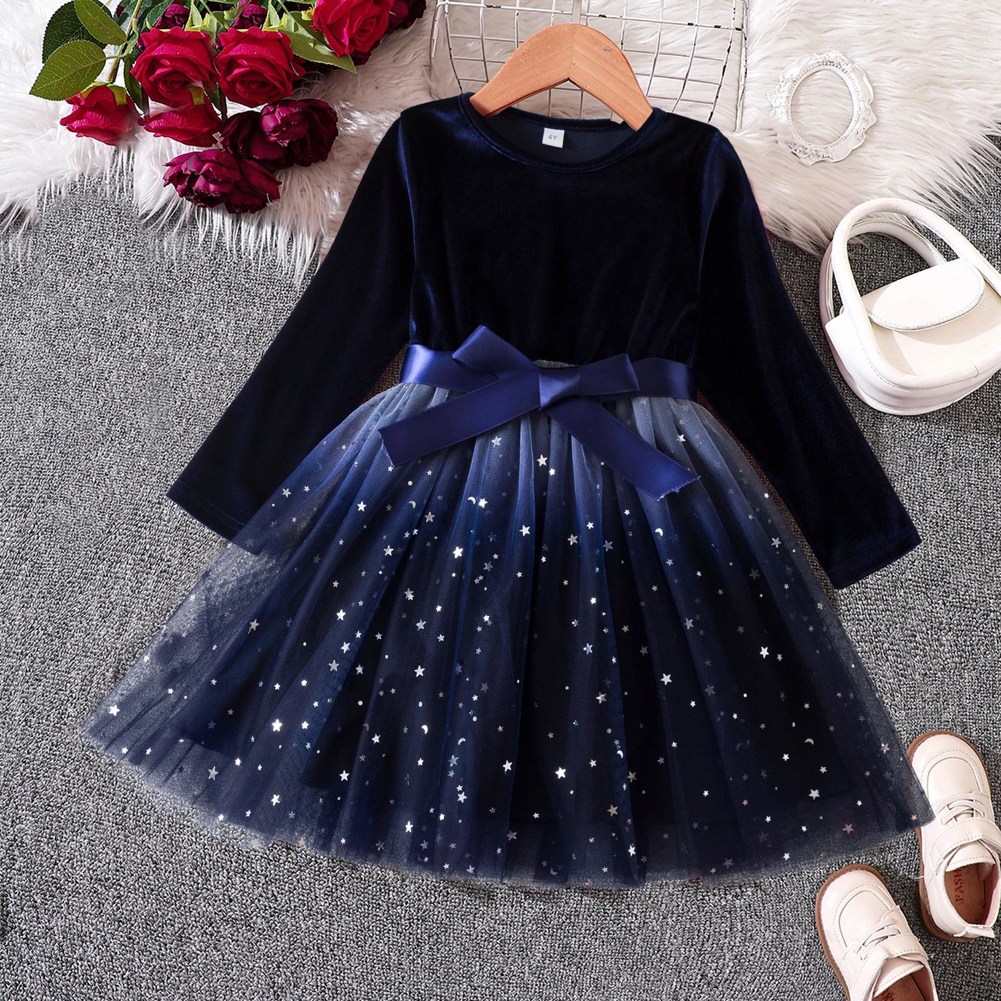 2025 Red Christmas Dress for Baby Girls Winter Long Sleeve Mesh Dresses for 3-8Yrs Kid Star Sequin Birthday Party Princess Dress Navy Blue