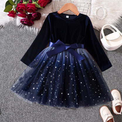 2025 Red Christmas Dress for Baby Girls Winter Long Sleeve Mesh Dresses for 3-8Yrs Kid Star Sequin Birthday Party Princess Dress Navy Blue