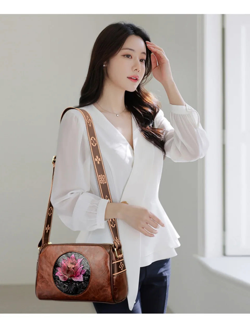 Three Layers Women Handbag Soft Leather Shoulder Crossbody Bags for Women Flower Print Ladies Messenger Bag with WIde Strap