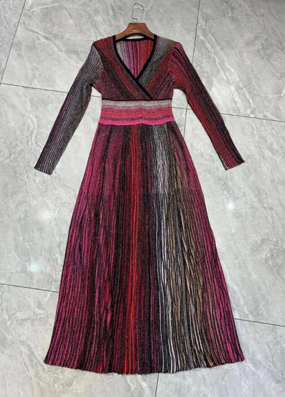 QMQA Fashion Women's Gradient Stripes Design Dresses V Neck High Waist Long Sleeve Elegant Party Dress Female Spring New 1A116 Badiee Stylez