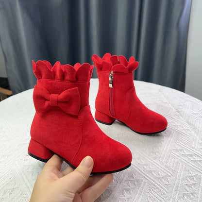 Spring Autumn Bow Girls Fashion Toddler Boots PU Leather Low Heel Kids Princess Boots Party Zip Children Ankle Baby Girl Shoes