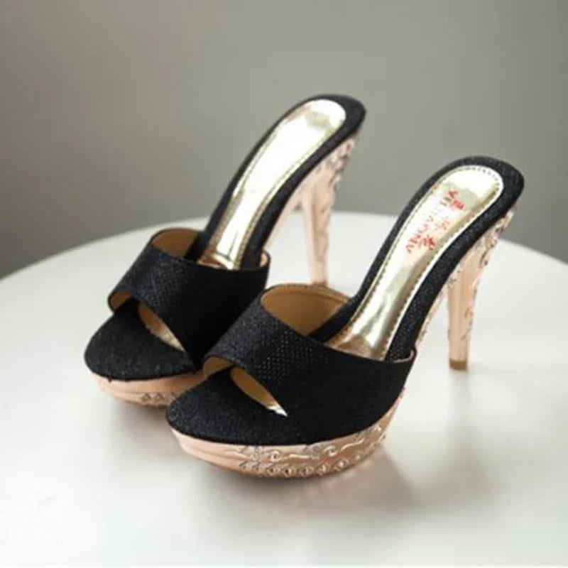 Summer Women Sandals Rhinestone Women Shoes Sexy High Heels Shoe Ladies Sandalias Gold Silver Women Slippers Heeled Sandals Sexy black