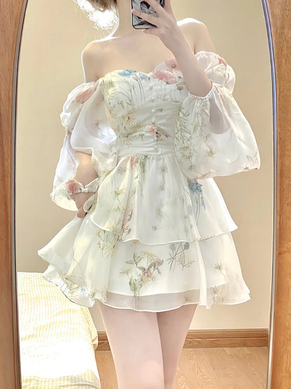 French Elegant Floral Mini Dress Chiffon Long Sleeve Evening Party Dress Women Holiday Beach Boho Fairy Dress Korean 2024 Robes Badiee Stylez