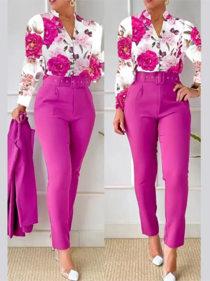 Women's Shirt 2 Pieces Suit Set 2024 Fall Print V Neck Long Sleeve Top Casual High Waist Pockets Work Female Clothes Pants Set Fuchsia