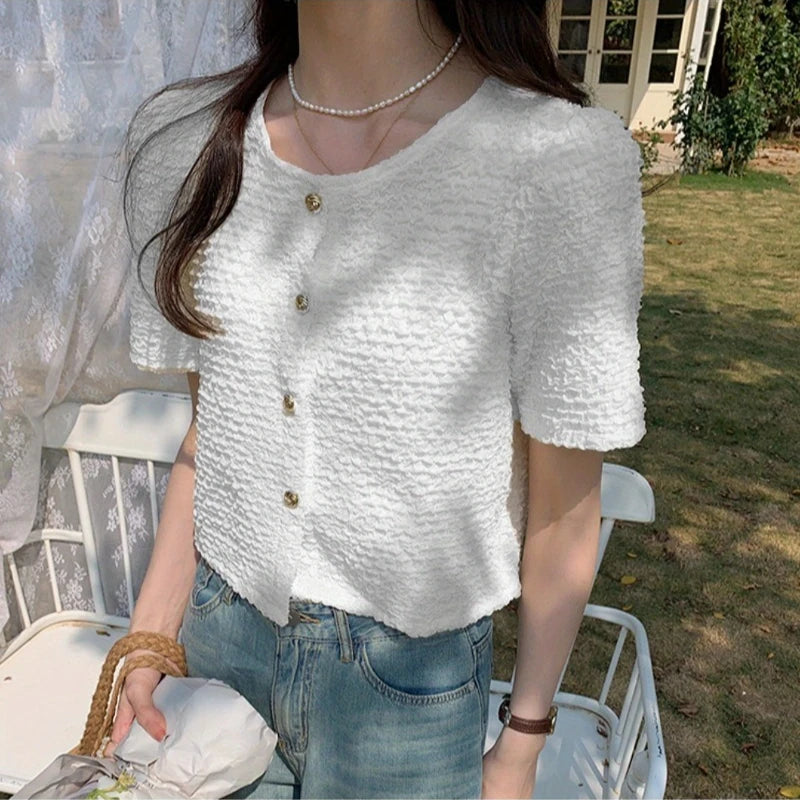 New Summer Short Sleeve O-Neck Women Shirt Sweet White Shirt Blouse Women Tops 2025 Blouses Shirts Blusas Para Mujer Blusa XL183 White