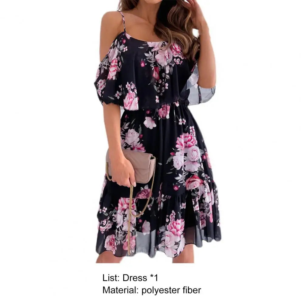 Trendy Mini Dress Flower Print Flounce Edge Colorful Above Knee Short Sleeve Women Dress Female Dress Spaghetti Strap