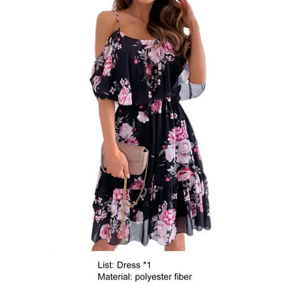 Trendy Mini Dress Flower Print Flounce Edge Colorful Above Knee Short Sleeve Women Dress Female Dress Spaghetti Strap