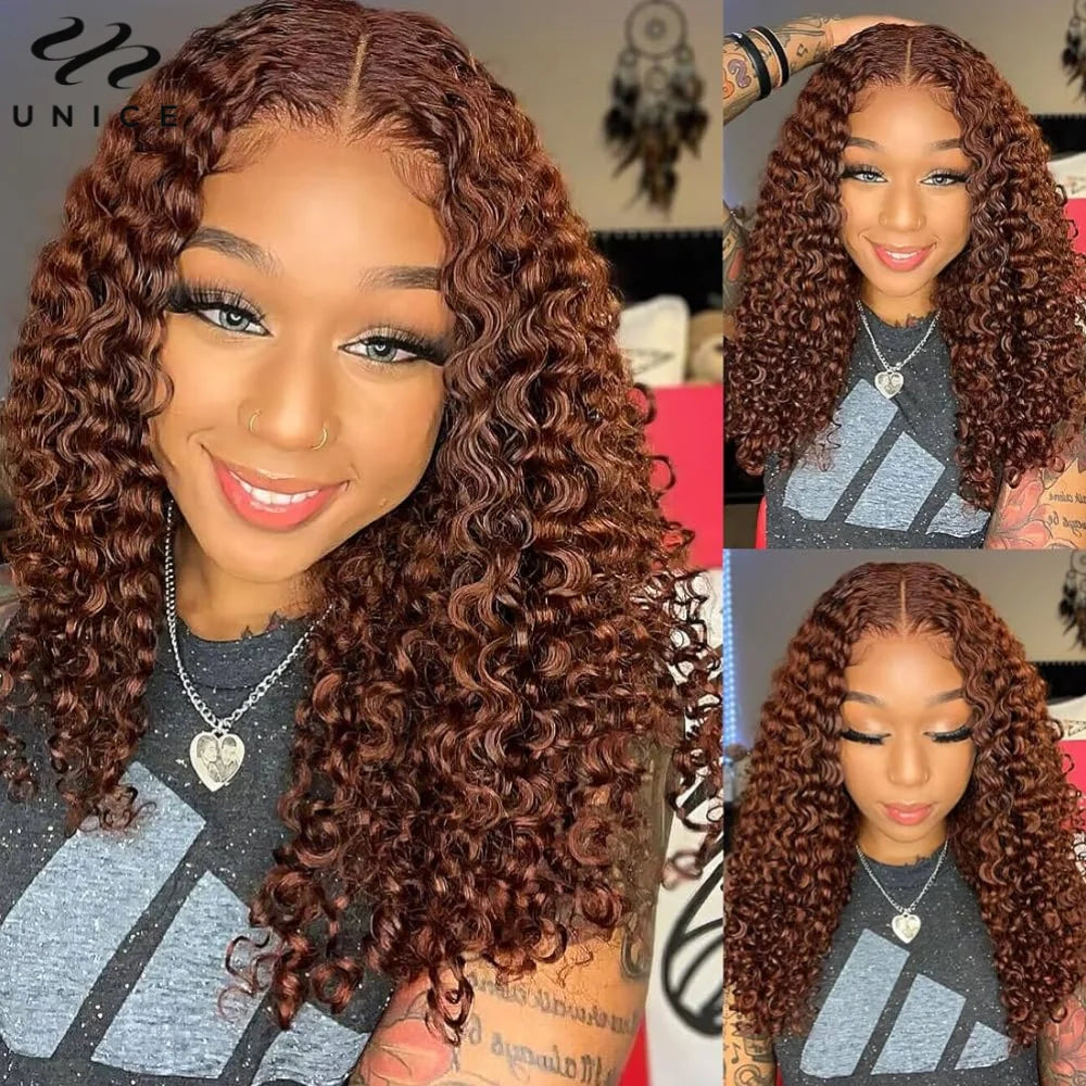 UNice Hair 7x5 Bye Bye Knots Wig Human Hair Reddish Brown Curly Lace Wig Wear Go Glueless Wig Pre Cut Bleached Lace Closure Wig
