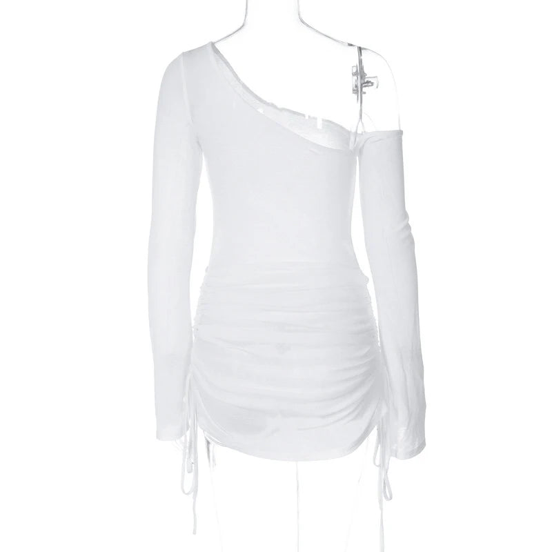 Women Off-Shoulder Dress for Beach Cocktail Club See Through Sheer Drawstring Ruched Long Sleeve Party Mini Dress Streetwear