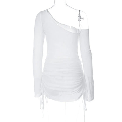 Women Off-Shoulder Dress for Beach Cocktail Club See Through Sheer Drawstring Ruched Long Sleeve Party Mini Dress Streetwear