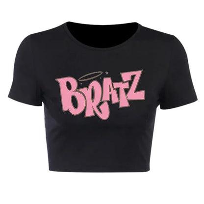 Streetwear 90s Summer New Y2k Women's Clothing Bratz Letter Printing Black Crop Tops O-neck Vintage Casual Short Sleeve T-shirts 30288-black-luqiz