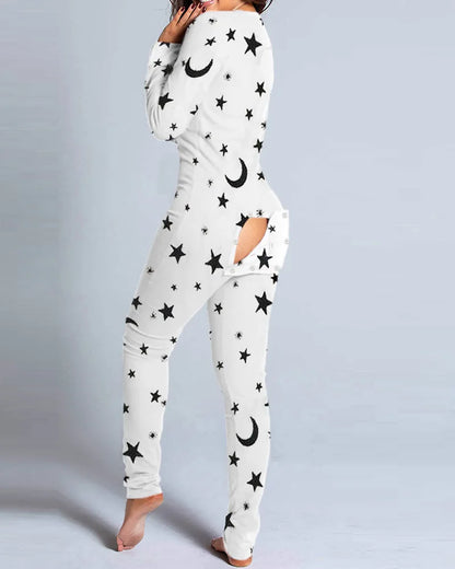 Sexy Pyjama Women's Jumpsuit Suit Button-down Front Back Butt Bum open Ass Flap Jumpsuit Loungewear Christmas Print Buttoned White stars Moon