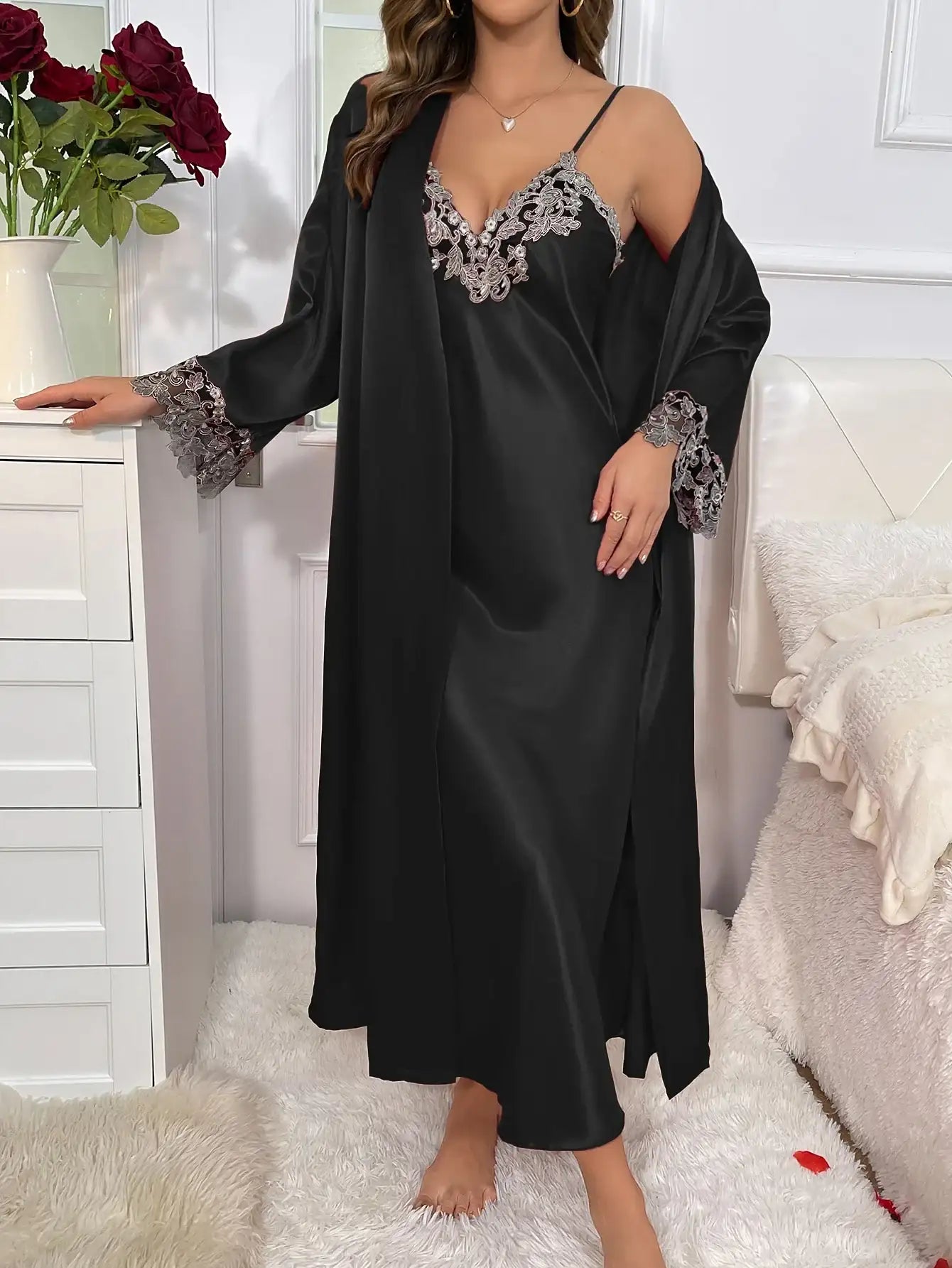 2cs Contrast Lace  Long Sleeve Belted Robe V Neck Slip Dress Sexy Elegant Women Pajamas  Sets