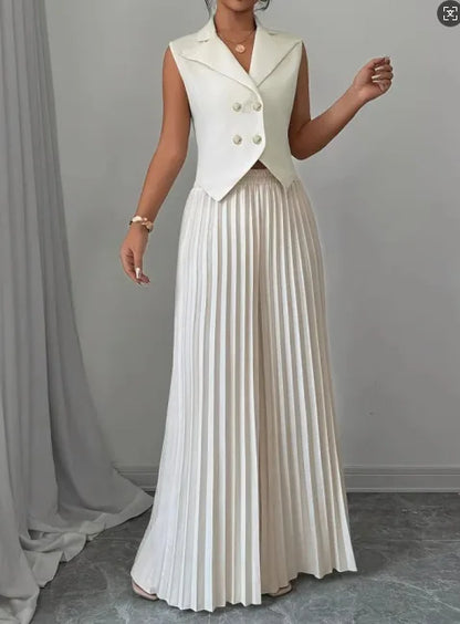 Women Fashion Solid Office Suit Casual Slim Button Two Piece Set Elegant Turn Down Collar Sleeveless Blazer&Pleat Pants Outfits