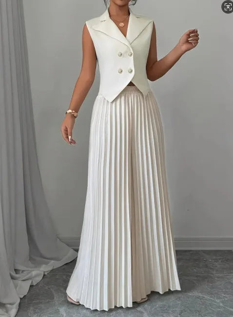 Women Fashion Solid Office Suit Casual Slim Button Two Piece Set Elegant Turn Down Collar Sleeveless Blazer&Pleat Pants Outfits