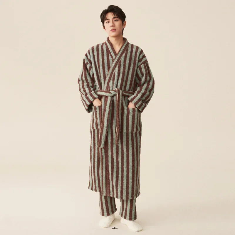 Thickened Flannel Robe Pants Pajamas Set Autumn Winter New Couple Coral Velvet Women Men Bathrobe Striped Lengthed Home Clothes men robe pants 1