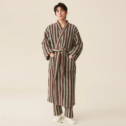 Thickened Flannel Robe Pants Pajamas Set Autumn Winter New Couple Coral Velvet Women Men Bathrobe Striped Lengthed Home Clothes men robe pants 1